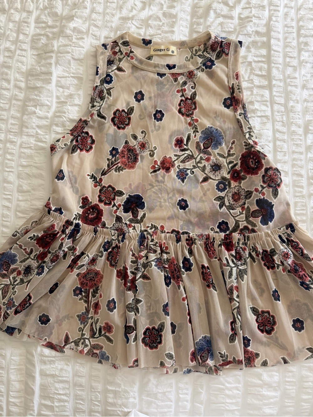 Ginger G Beige Floral Ruffled Sleeveless Camisole